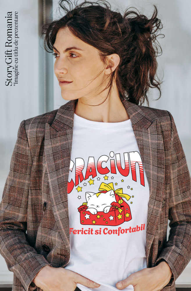 Tricou Femei, Barbati, Copii, Fata, Baiat, Unisex Personalizat Pisica Albă în Cutie de Cadou Roșie – Crăciun Fericit și Confortabil [2]