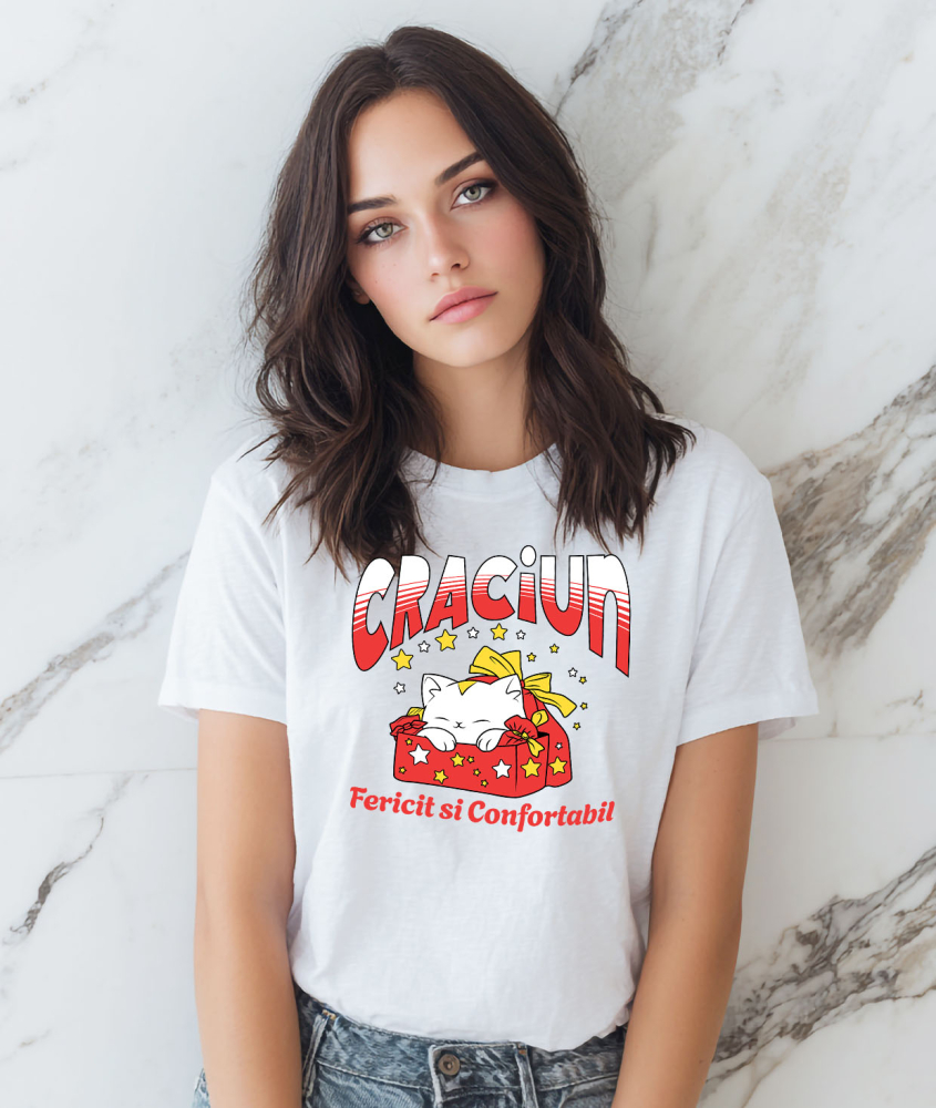 Tricou Femei, Barbati, Copii, Fata, Baiat, Unisex Personalizat Pisica Albă în Cutie de Cadou Roșie – Crăciun Fericit și Confortabil [2]