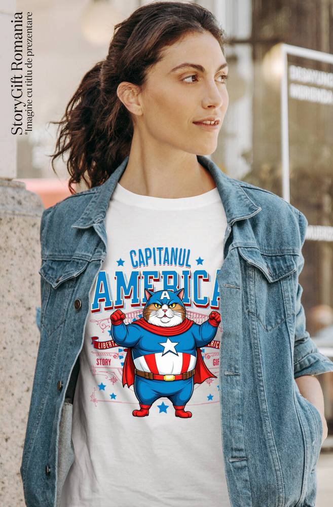 Tricou Femei, Barbati, Copii, Fata, Baiat, Unisex Personalizat Pisica Amuzantă și Pufosă în Costum de Captain America cu Pelerină - Cadou Personalizat pentru Copii și Iubitorii de Pisici [2]
