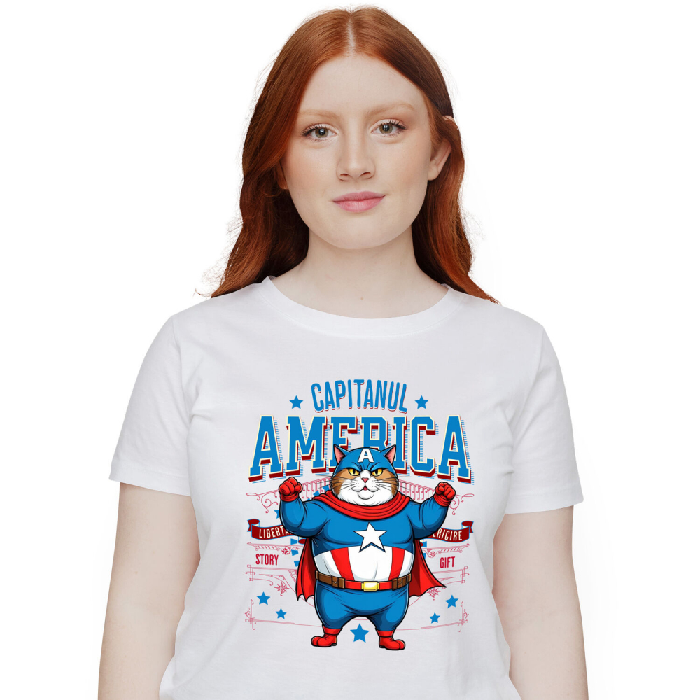 Tricou Femei, Barbati, Copii, Fata, Baiat, Unisex Personalizat Pisica Amuzantă și Pufosă în Costum de Captain America cu Pelerină - Cadou Personalizat pentru Copii și Iubitorii de Pisici [1]