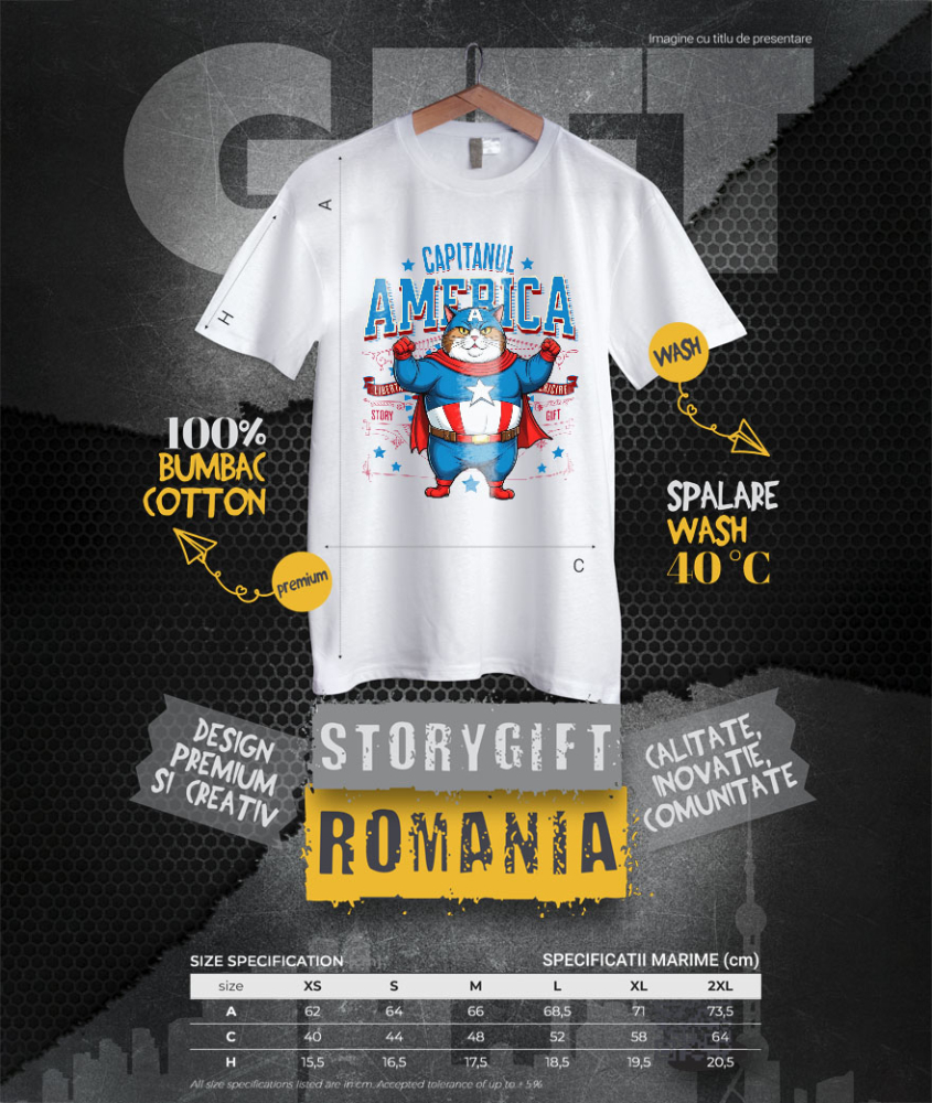 Tricou Femei, Barbati, Copii, Fata, Baiat, Unisex Personalizat Pisica Amuzantă și Pufosă în Costum de Captain America cu Pelerină - Cadou Personalizat pentru Copii și Iubitorii de Pisici [4]