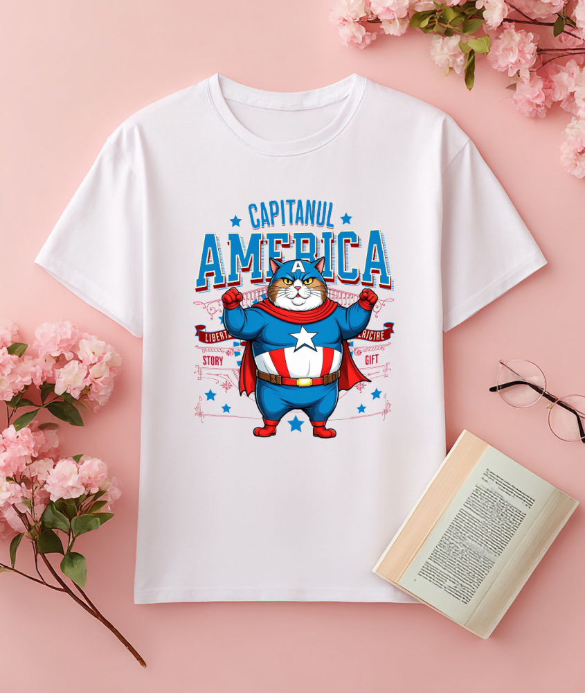 Tricou Femei, Barbati, Copii, Fata, Baiat, Unisex Personalizat Pisica Amuzantă și Pufosă în Costum de Captain America cu Pelerină - Cadou Personalizat pentru Copii și Iubitorii de Pisici [3]