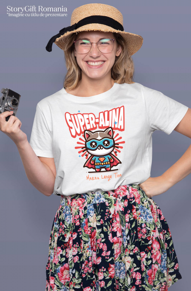 Tricou Femei, Barbati, Copii, Fata, Baiat, Unisex Personalizat Pisica Animată Cu Masca Si Costum De Super Erou – Cadou Personalizat Pentru Copii [2]