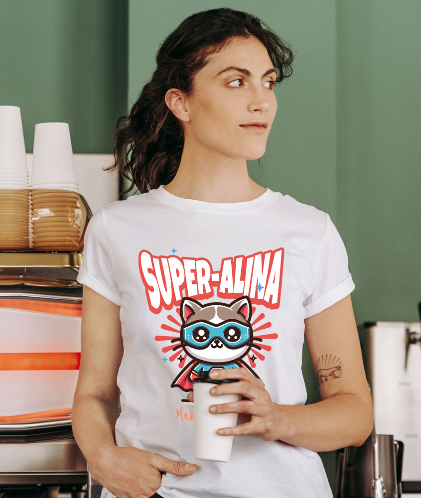 Tricou Femei, Barbati, Copii, Fata, Baiat, Unisex Personalizat Pisica Animată Cu Masca Si Costum De Super Erou – Cadou Personalizat Pentru Copii [2]