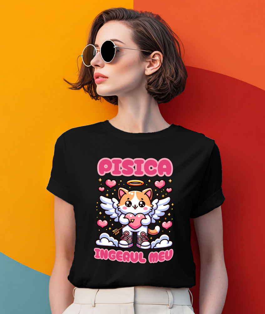 Tricou Femei, Barbati, Copii, Fata, Baiat, Unisex Personalizat Pisica Cu Aripi și Inimă Cu Săgeată - Cadou Personalizat „Pisica Îngerul Meu” pentru Familie și Prieteni [2]
