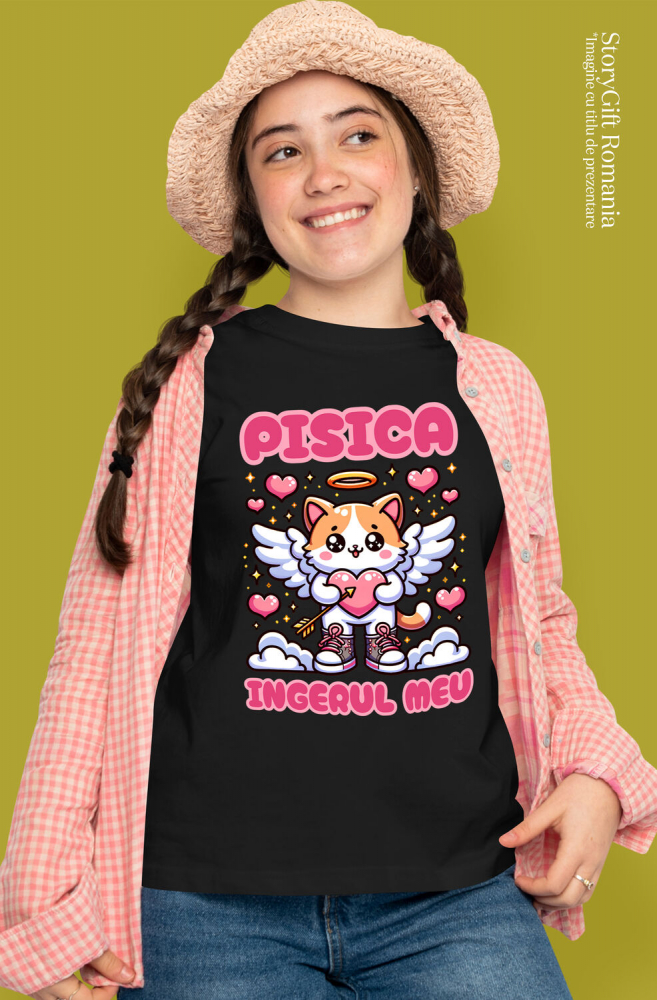 Tricou Femei, Barbati, Copii, Fata, Baiat, Unisex Personalizat Pisica Cu Aripi și Inimă Cu Săgeată - Cadou Personalizat „Pisica Îngerul Meu” pentru Familie și Prieteni [2]