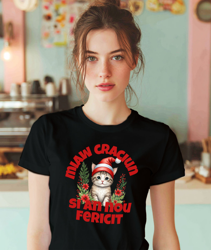 Tricou Femei, Barbati, Copii, Fata, Baiat, Unisex Personalizat Pisica cu Căciulă de Crăciun – Miaw Crăciun și An Nou Fericit pentru Iubitorii de Animale [2]