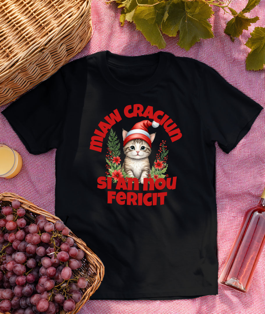 Tricou Femei, Barbati, Copii, Fata, Baiat, Unisex Personalizat Pisica cu Căciulă de Crăciun – Miaw Crăciun și An Nou Fericit pentru Iubitorii de Animale [3]