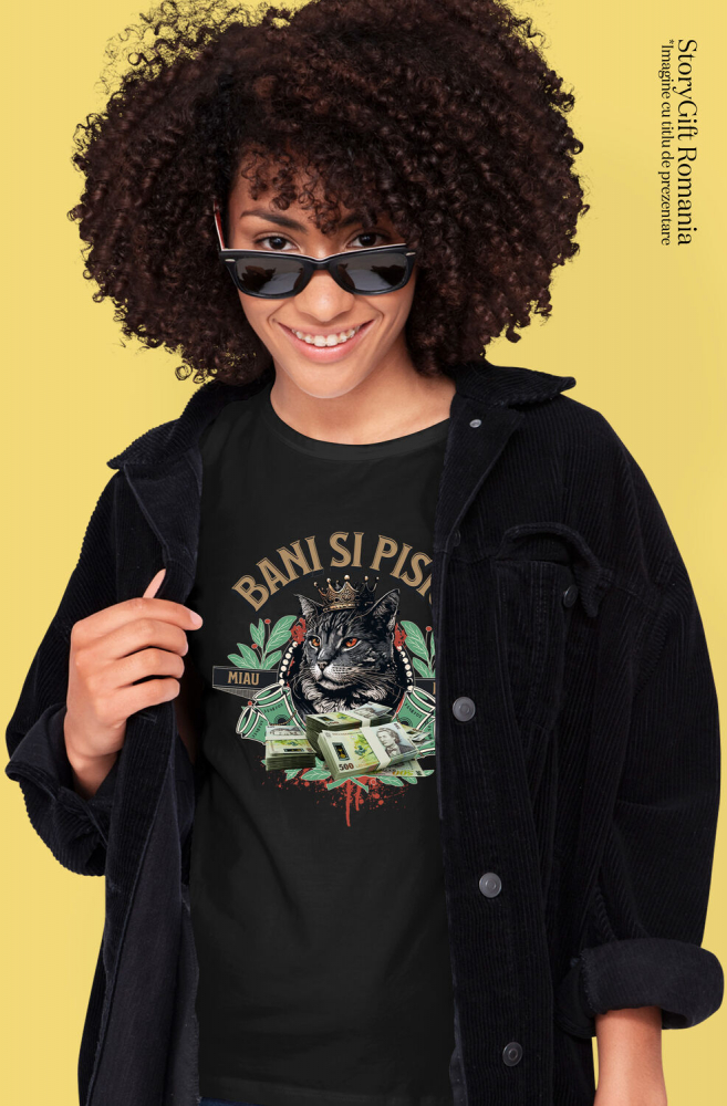 Tricou Femei, Barbati, Copii, Fata, Baiat, Unisex Personalizat Pisică Regină cu Teancuri de Bancnote 500 RON – Cadou Personalizat pentru Familie, Copii, Tati, Prieteni [2]
