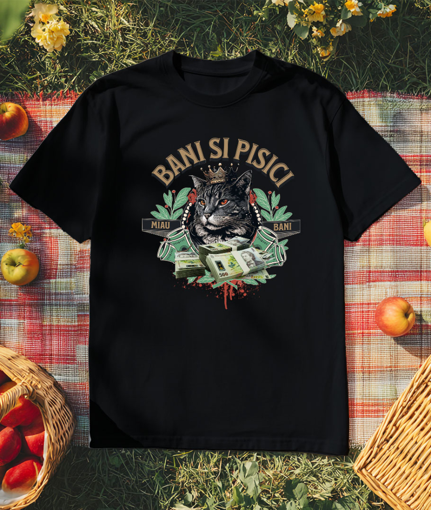 Tricou Femei, Barbati, Copii, Fata, Baiat, Unisex Personalizat Pisică Regină cu Teancuri de Bancnote 500 RON – Cadou Personalizat pentru Familie, Copii, Tati, Prieteni [3]