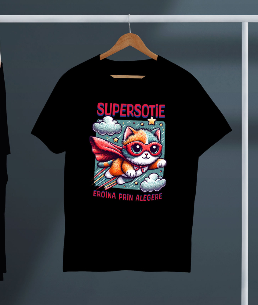 Tricou Femei, Barbati, Copii, Fata, Baiat, Unisex Personalizat Pisica Cu Masca Si Pelerina Rosie În Zbor – Cadou Personalizat „Super Sotie Eroina Prin Alegeri” [3]