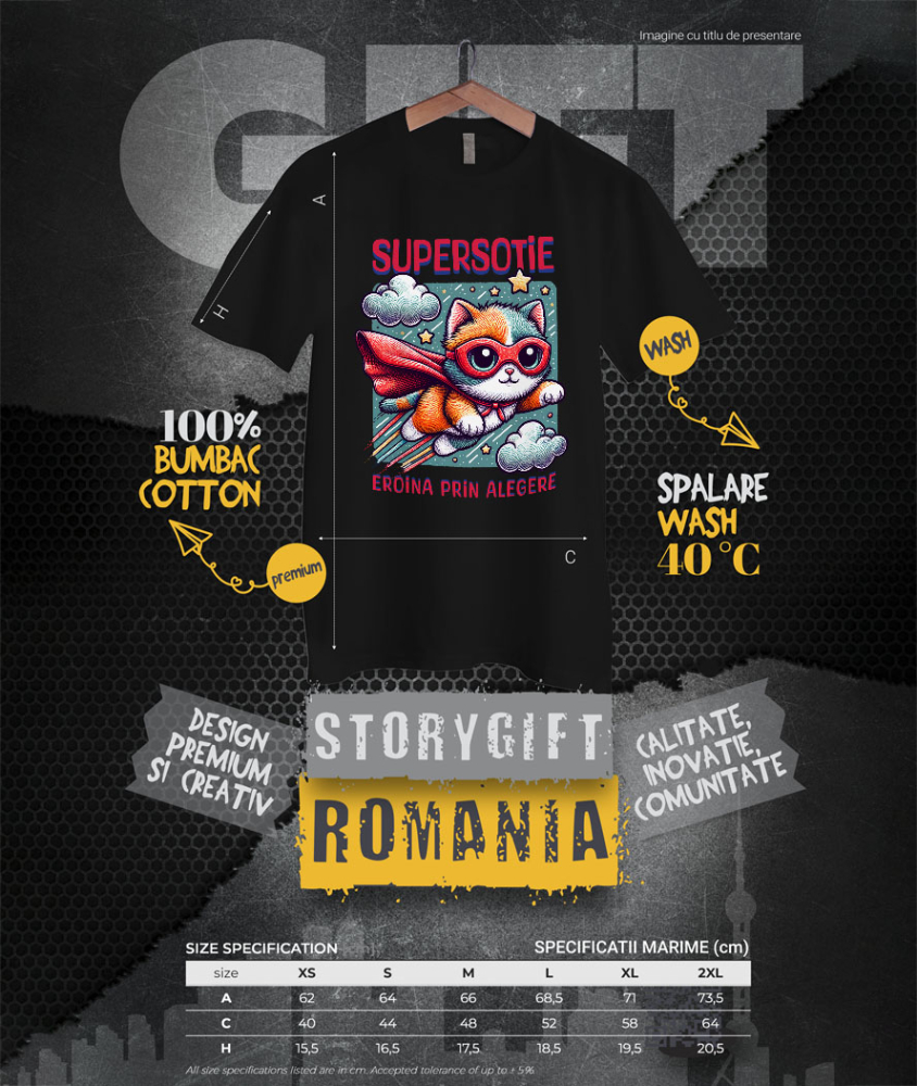 Tricou Femei, Barbati, Copii, Fata, Baiat, Unisex Personalizat Pisica Cu Masca Si Pelerina Rosie În Zbor – Cadou Personalizat „Super Sotie Eroina Prin Alegeri” [4]