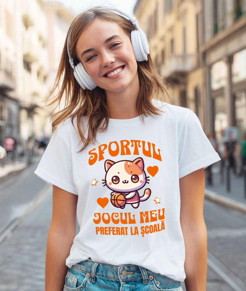 Tricou Femei, Barbati, Copii, Fata, Baiat, Unisex Personalizat Pisică cu Minge de Baschet - Sportul Jocul Meu Preferat pentru Școală și Educație [2]