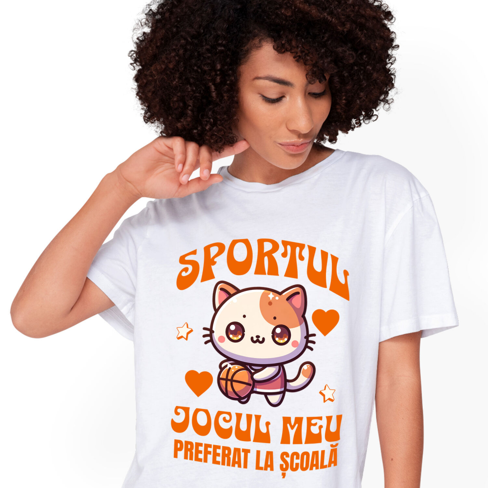 Tricou Femei, Barbati, Copii, Fata, Baiat, Unisex Personalizat Pisică cu Minge de Baschet - Sportul Jocul Meu Preferat pentru Școală și Educație [1]