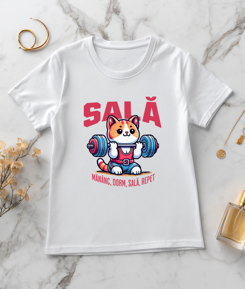 Tricou Femei, Barbati, Copii, Fata, Baiat, Unisex Personalizat Pisică Fitness Ridicând Greutăți – Cadou Amuzant pentru Sportivi [3]