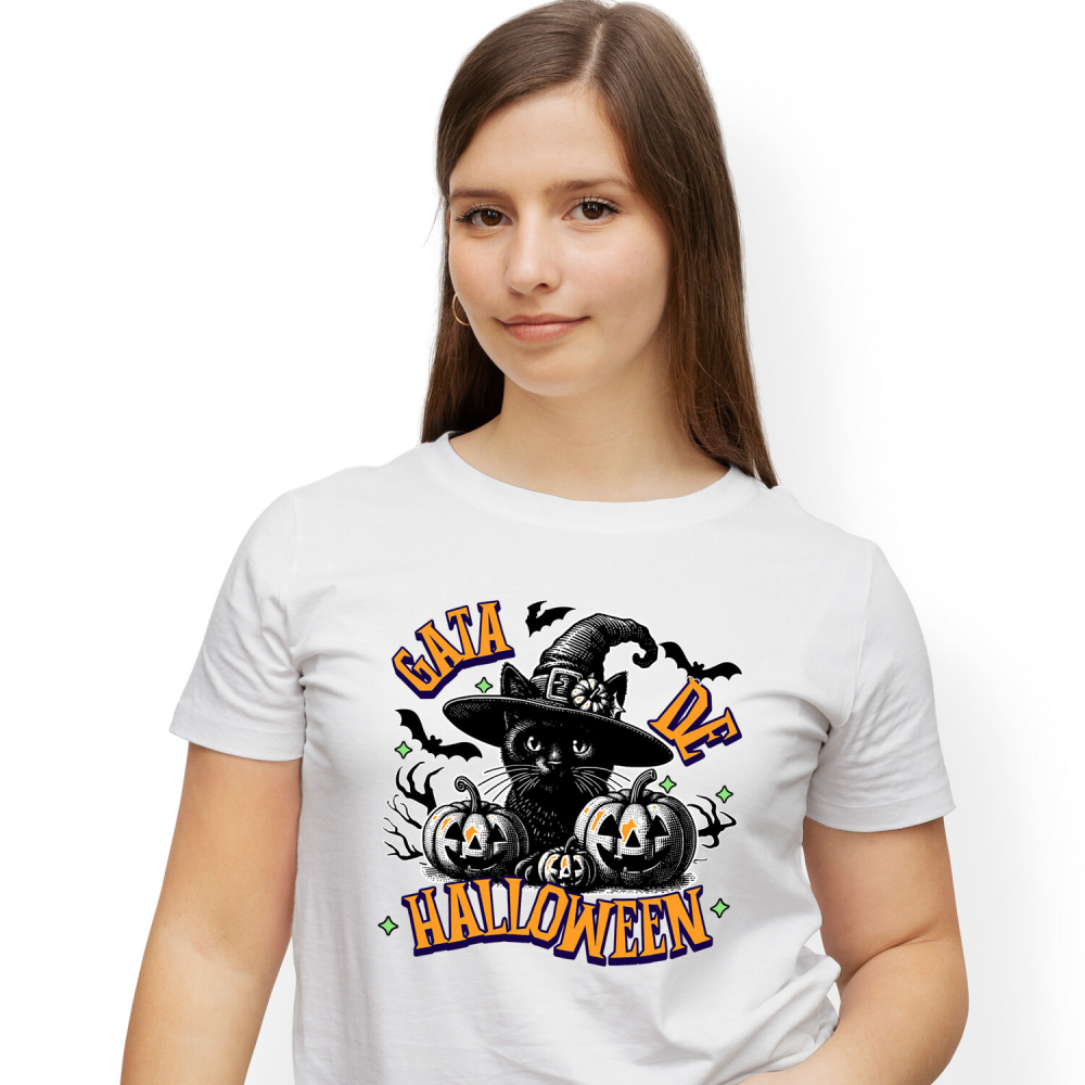 Tricou Femei, Barbati, Copii, Fata, Baiat, Unisex Personalizat Pisica cu Pălărie de Halloween și Dovleci de Horror | Costum Pisică Tematic Halloween [1]