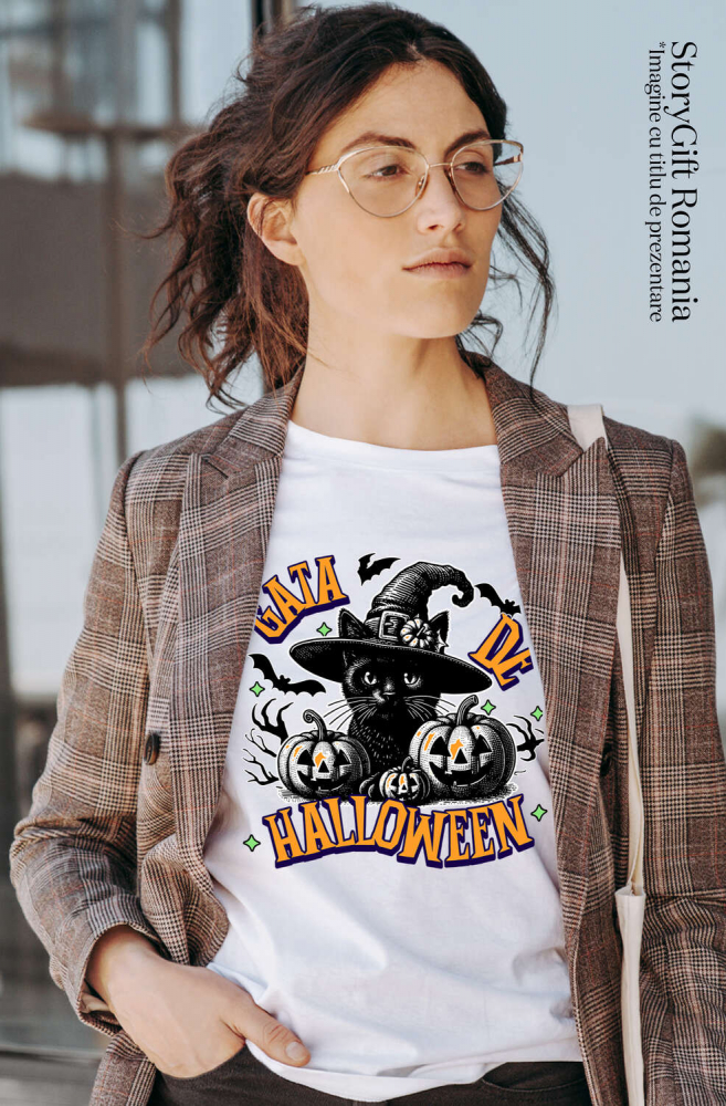 Tricou Femei, Barbati, Copii, Fata, Baiat, Unisex Personalizat Pisica cu Pălărie de Halloween și Dovleci de Horror | Costum Pisică Tematic Halloween [2]