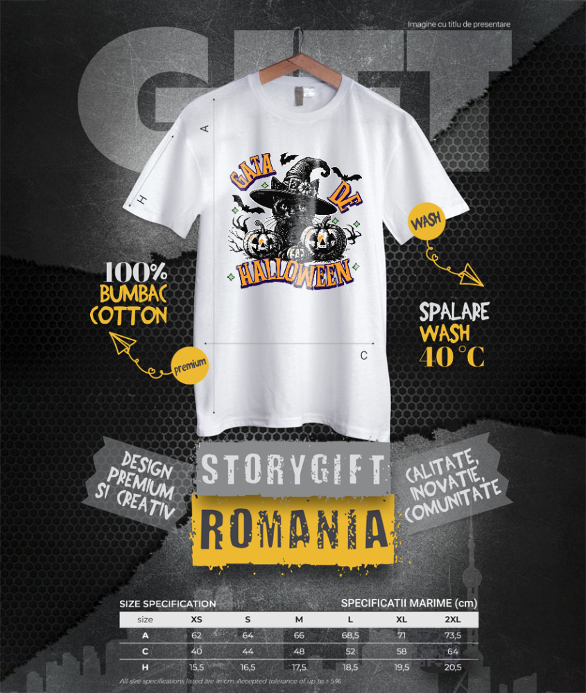 Tricou Femei, Barbati, Copii, Fata, Baiat, Unisex Personalizat Pisica cu Pălărie de Halloween și Dovleci de Horror | Costum Pisică Tematic Halloween [4]