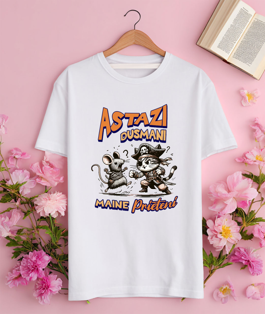 Tricou Femei, Barbati, Copii, Fata, Baiat, Unisex Personalizat Cadouri personalizate pentru copii – Pisica pirat și soarecele în luptă cu mesaj amuzant [3]