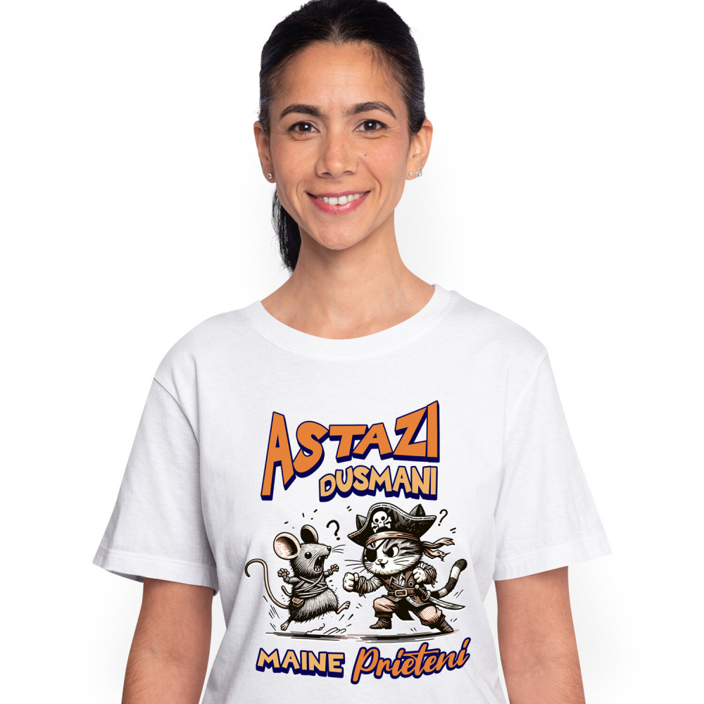 Tricou Femei, Barbati, Copii, Fata, Baiat, Unisex Personalizat Cadouri personalizate pentru copii – Pisica pirat și soarecele în luptă cu mesaj amuzant [1]