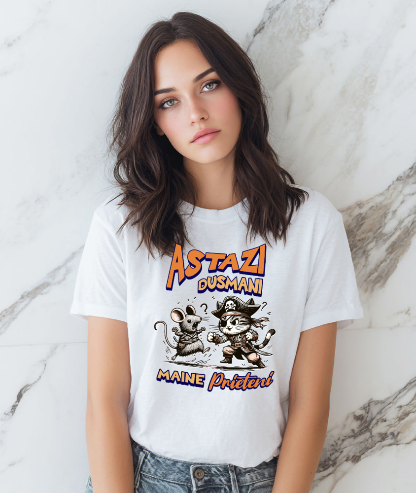 Tricou Femei, Barbati, Copii, Fata, Baiat, Unisex Personalizat Cadouri personalizate pentru copii – Pisica pirat și soarecele în luptă cu mesaj amuzant [2]