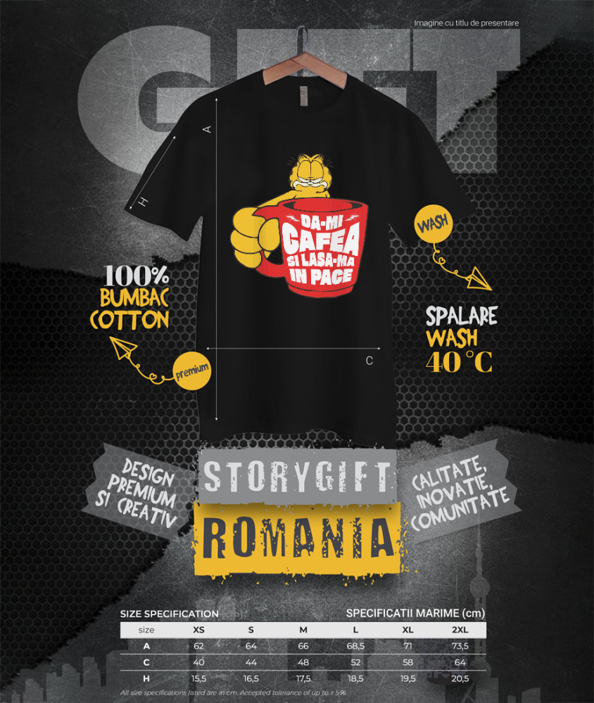 Tricou Femei, Barbati, Copii, Fata, Baiat, Unisex Personalizat „Cana Garfield Imensă cu Cafea - Mesaj Haios „Dă-mi Cafea și Lasa-mă în Pace” – Cadou Perfect pentru Iubitorii de Pisici și Cafea” [4]