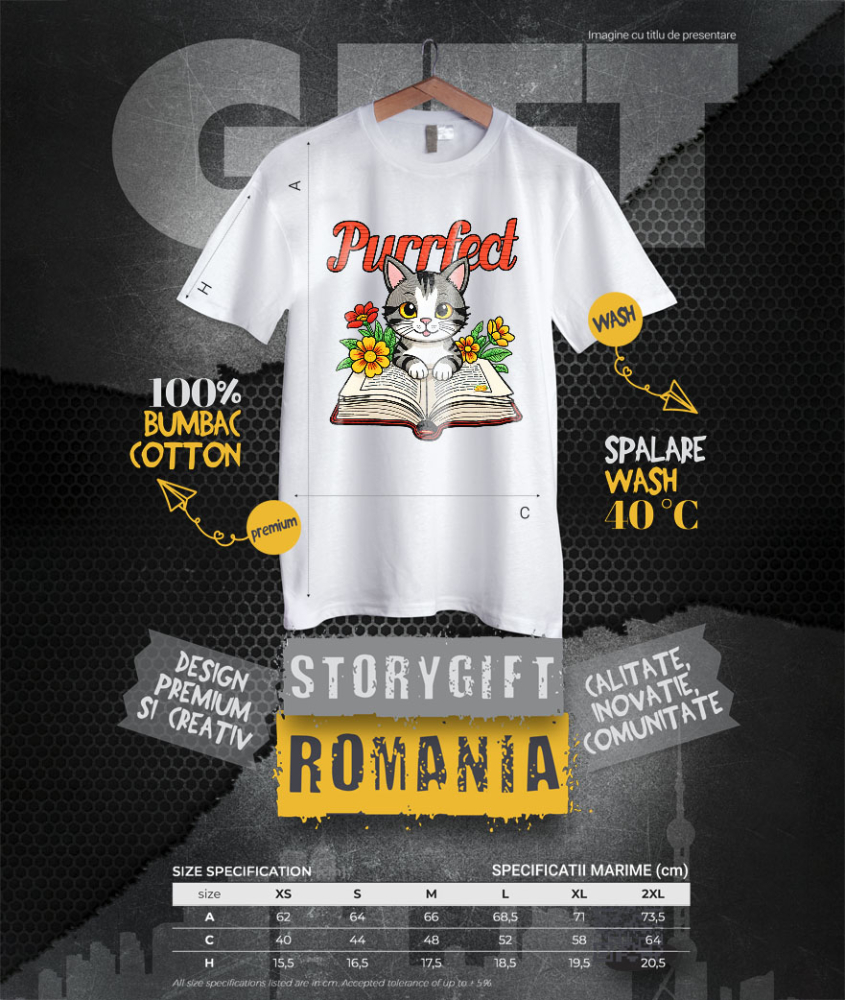Tricou Femei, Barbati, Copii, Fata, Baiat, Unisex Personalizat Pisica Gri Citind Carte – Cadou Personalizat Purrfect pentru Iubitorii De Pisici și Cărți [4]