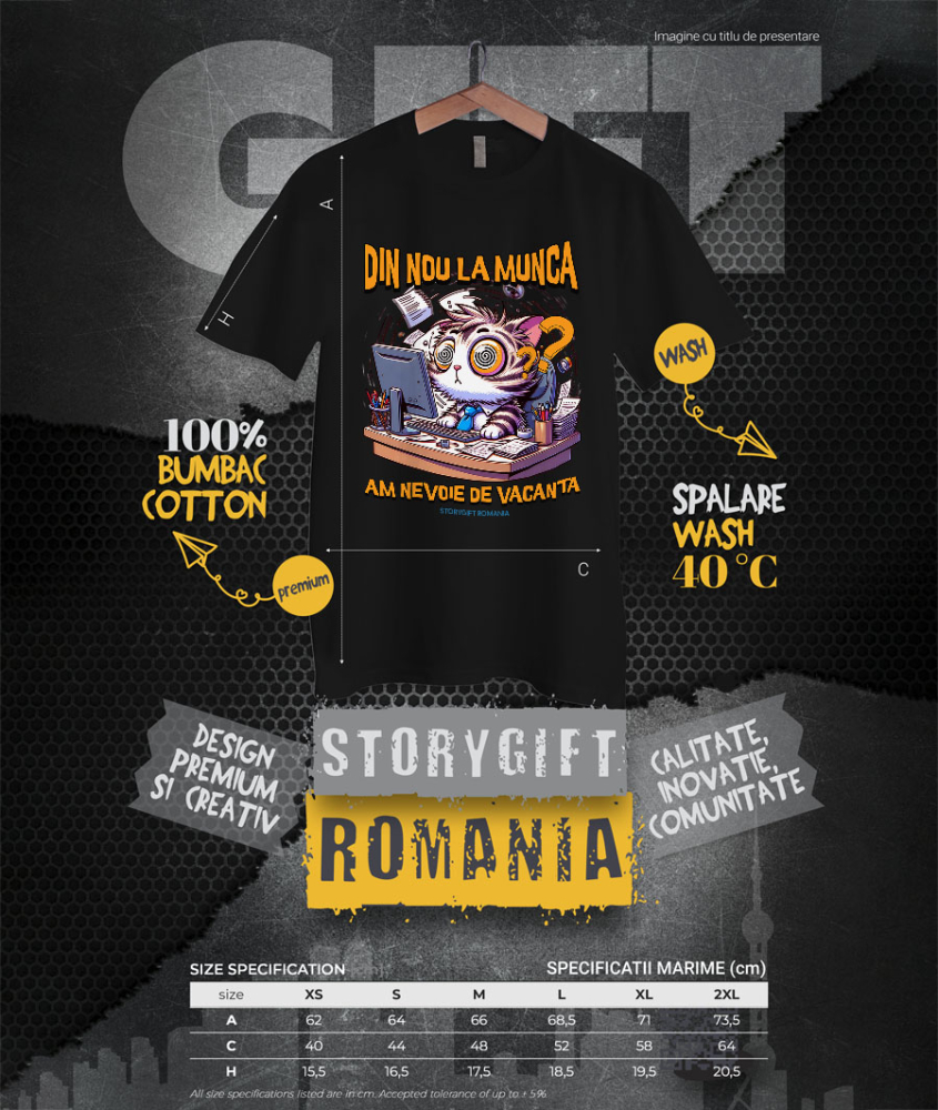 Tricou Femei, Barbati, Copii, Fata, Baiat, Unisex Personalizat Pisica Haioasă La Birou „Din Nou La Muncă, Am Nevoie De O Vacanță” – Cadou Amuzant Pentru Iubitorii De Pisici [4]