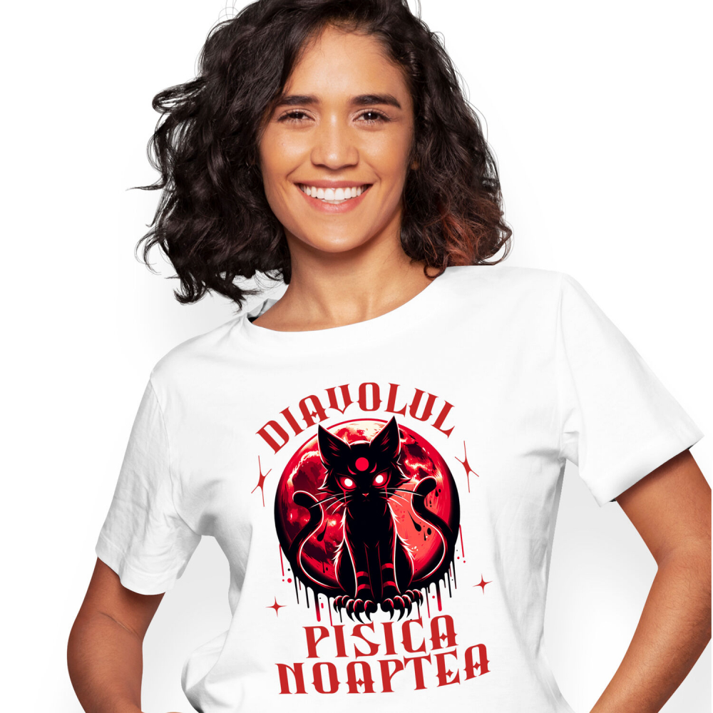 Tricou Femei, Barbati, Copii, Fata, Baiat, Unisex Personalizat Pisica Horror cu Ochi Roșii | Diavolul Pisica de Halloween [1]