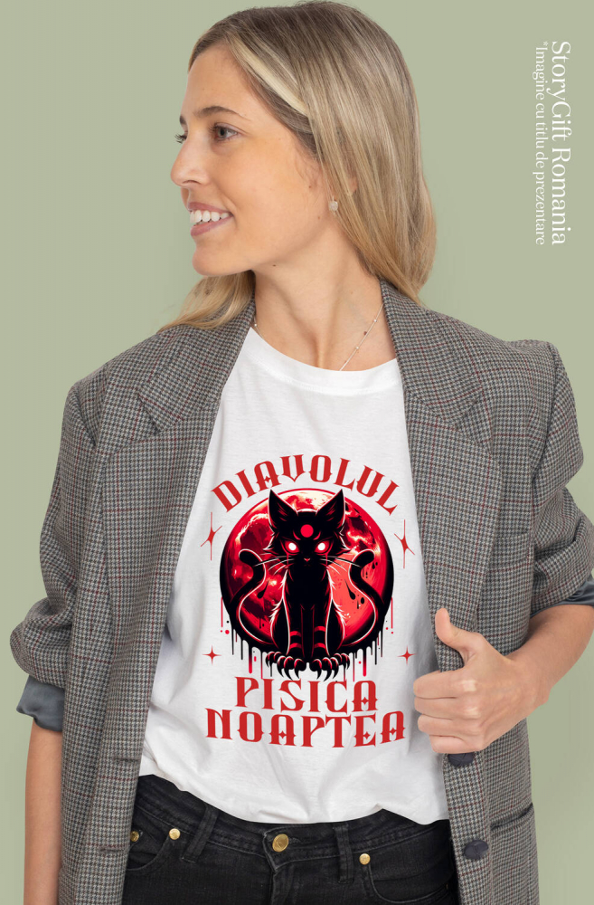 Tricou Femei, Barbati, Copii, Fata, Baiat, Unisex Personalizat Pisica Horror cu Ochi Roșii | Diavolul Pisica de Halloween [2]