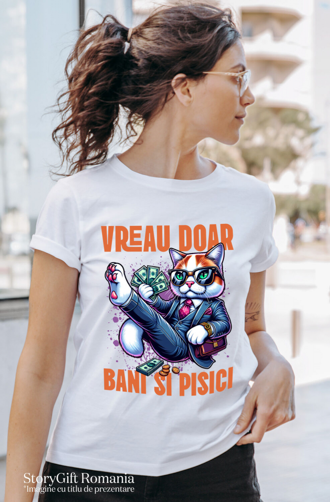 Tricou Femei, Barbati, Copii, Fata, Baiat, Unisex Personalizat Pisica în Costum Office cu Bancnote Bani - Avere și Lux pentru Iubitorii de Pisici [2]