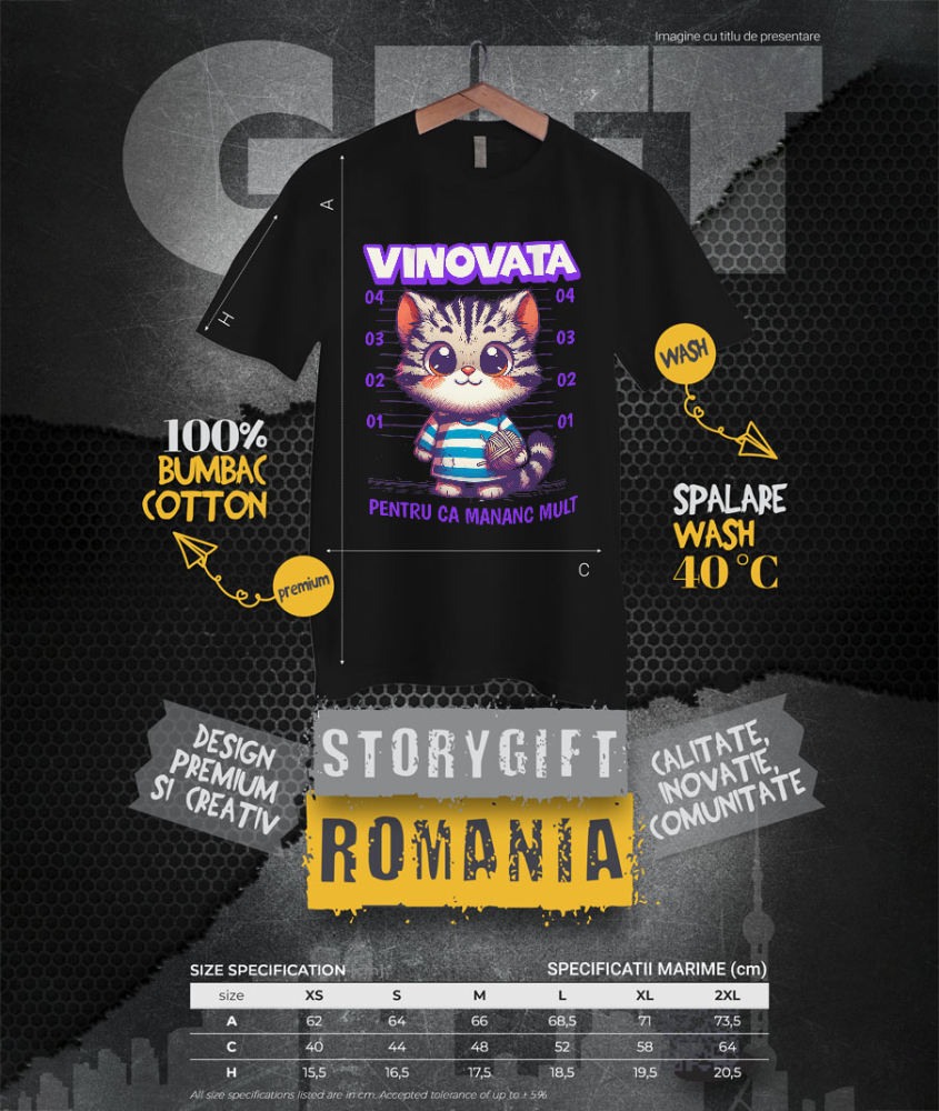 Tricou Femei, Barbati, Copii, Fata, Baiat, Unisex Personalizat Pisica În Dungi Cu Ghem De Lână „Vinovată Pentru Că Mănânc Mult” – Cadou Amuzant Pentru Iubitorii De Pisici [4]