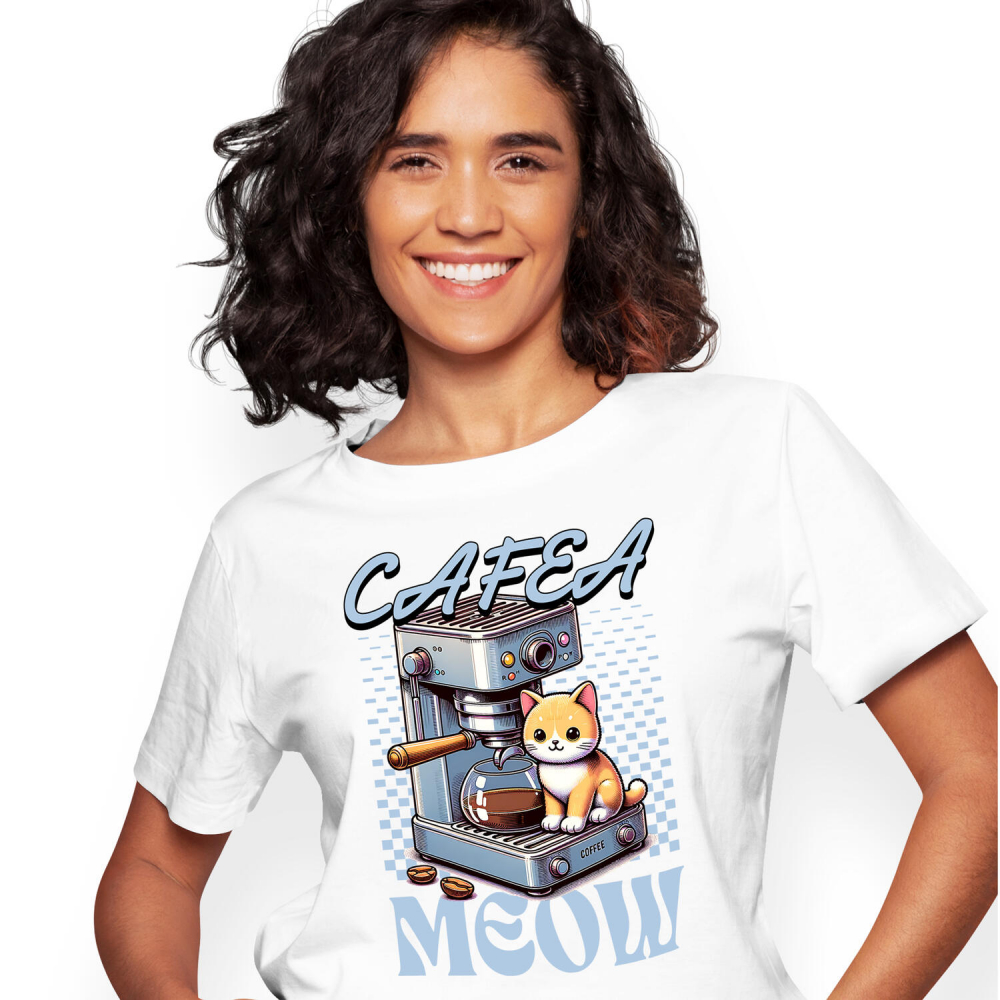 Tricou Femei, Barbati, Copii, Fata, Baiat, Unisex Personalizat „Pahar Personalizat „Cafea Meow” – Cadou Iubitorilor de Pisici și Cafea” [1]