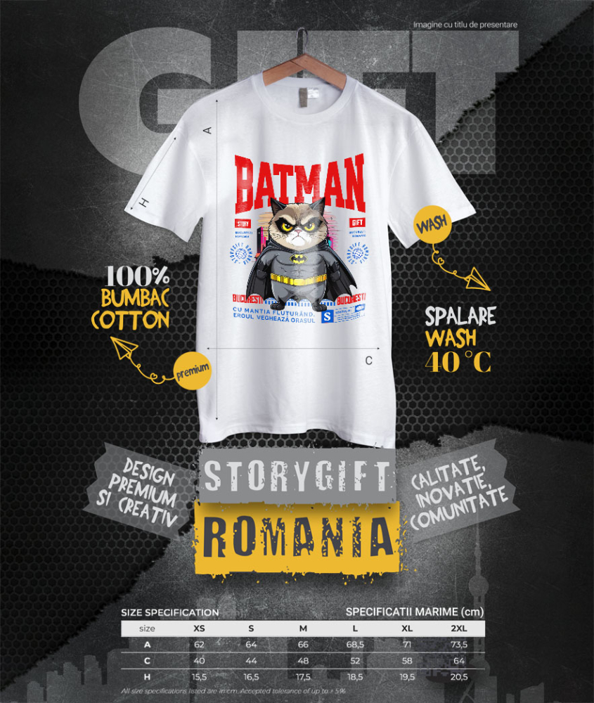 Tricou Femei, Barbati, Copii, Fata, Baiat, Unisex Personalizat Pisica Morocănoasă în Costum de Batman – Un Supererou Amuzant pentru Iubitorii de Animale [4]