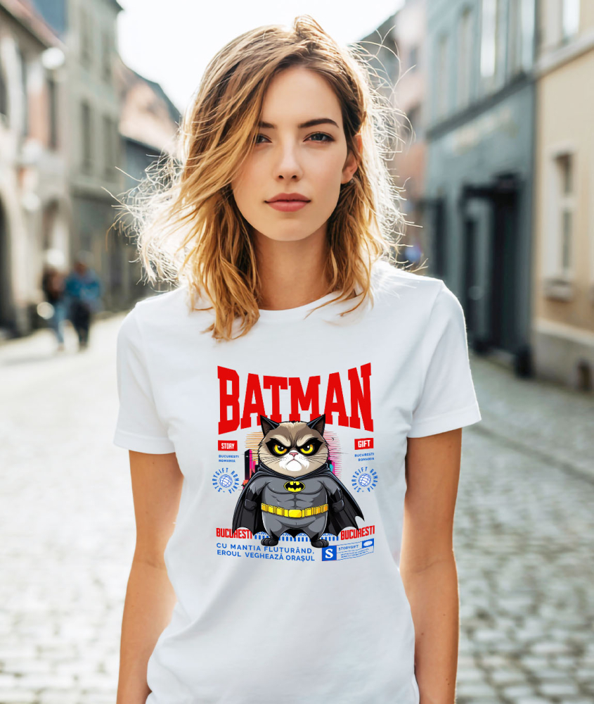 Tricou Femei, Barbati, Copii, Fata, Baiat, Unisex Personalizat Pisica Morocănoasă în Costum de Batman – Un Supererou Amuzant pentru Iubitorii de Animale [2]