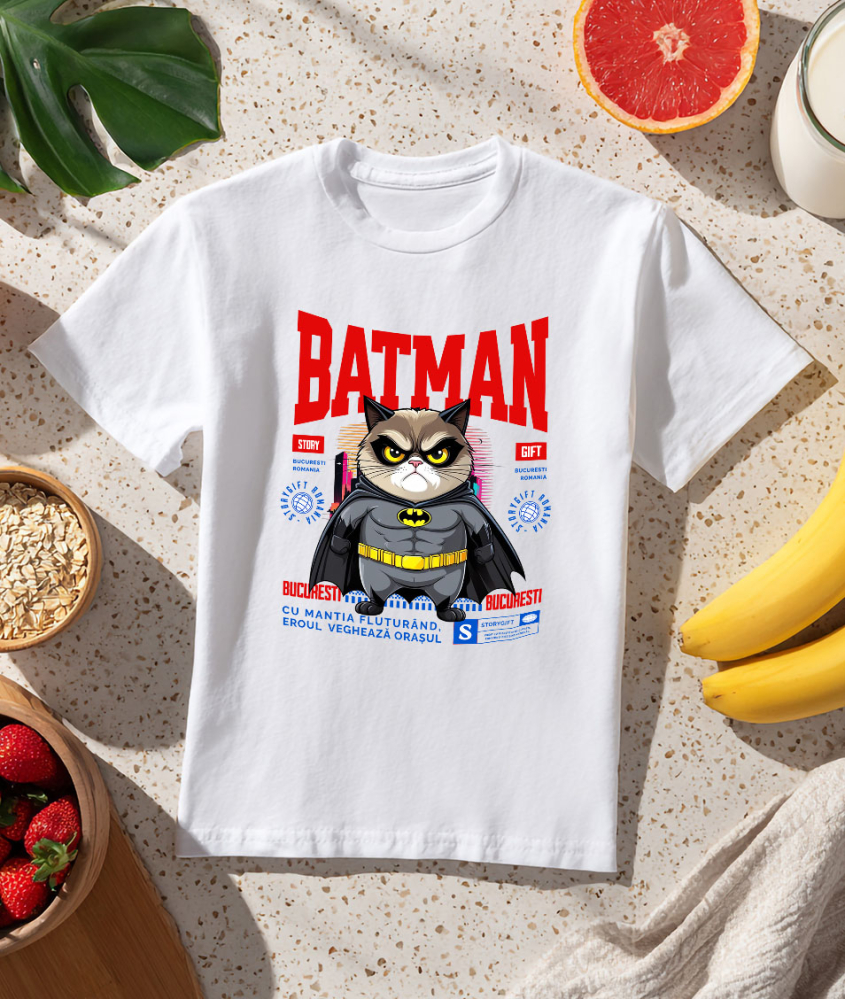 Tricou Femei, Barbati, Copii, Fata, Baiat, Unisex Personalizat Pisica Morocănoasă în Costum de Batman – Un Supererou Amuzant pentru Iubitorii de Animale [3]