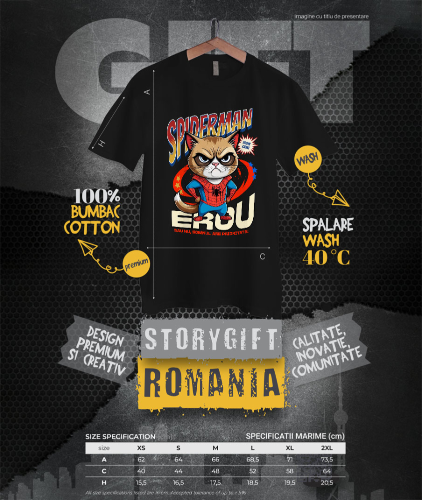Tricou Femei, Barbati, Copii, Fata, Baiat, Unisex Personalizat Grumpy Cat în Costum Spider-Man cu Pelerină - Cadou Personalizat pentru Iubitorii de Pisici și Copii [4]