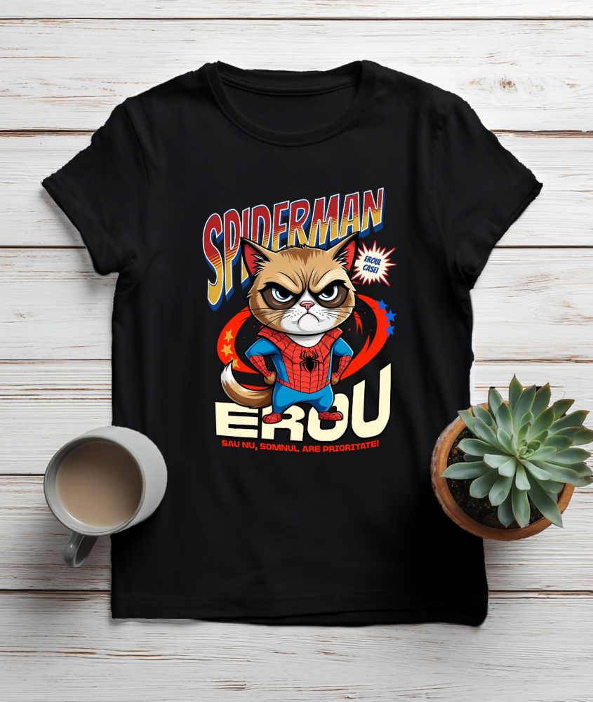 Tricou Femei, Barbati, Copii, Fata, Baiat, Unisex Personalizat Grumpy Cat în Costum Spider-Man cu Pelerină - Cadou Personalizat pentru Iubitorii de Pisici și Copii [3]