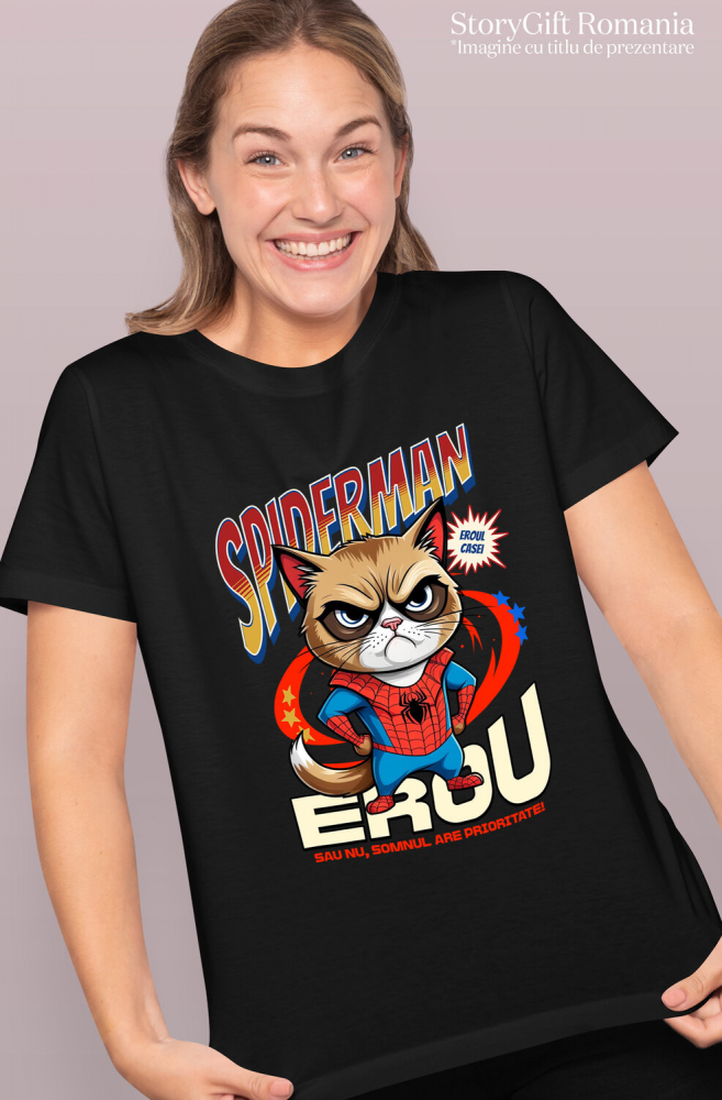 Tricou Femei, Barbati, Copii, Fata, Baiat, Unisex Personalizat Grumpy Cat în Costum Spider-Man cu Pelerină - Cadou Personalizat pentru Iubitorii de Pisici și Copii [2]