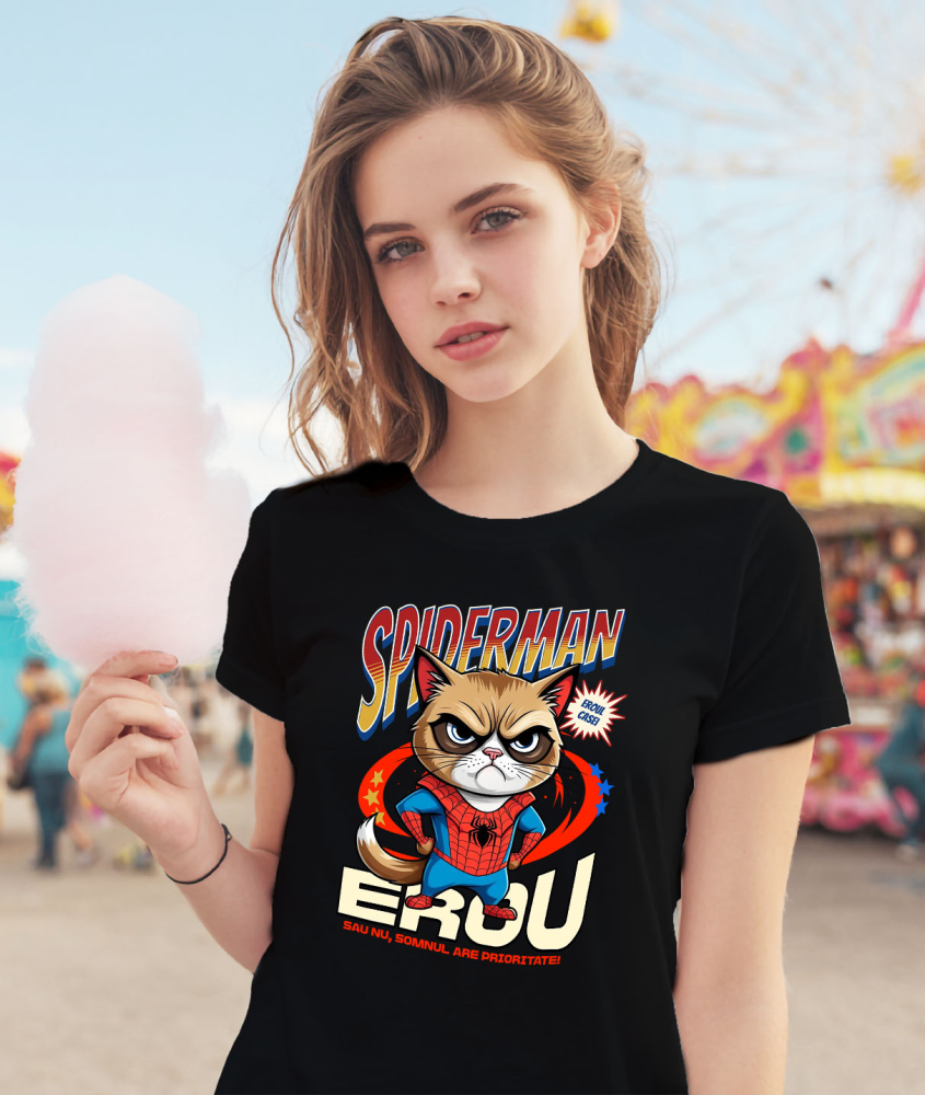 Tricou Femei, Barbati, Copii, Fata, Baiat, Unisex Personalizat Grumpy Cat în Costum Spider-Man cu Pelerină - Cadou Personalizat pentru Iubitorii de Pisici și Copii [2]