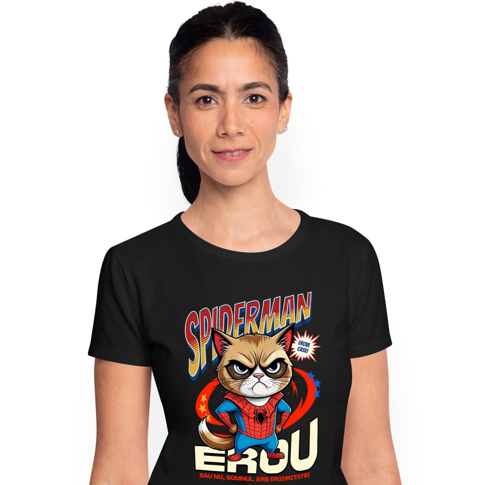 Tricou Femei, Barbati, Copii, Fata, Baiat, Unisex Personalizat Grumpy Cat în Costum Spider-Man cu Pelerină - Cadou Personalizat pentru Iubitorii de Pisici și Copii [1]