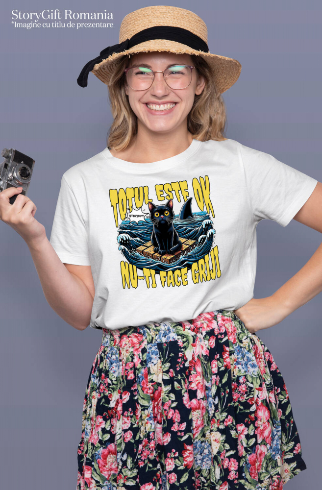 Tricou Femei, Barbati, Copii, Fata, Baiat, Unisex Personalizat Pisica Anxietate Pe Mare Cu Rechini „Totul Este Ok, Nu-ți Face Griji” – Cadou Amuzant Pentru Iubitorii De Pisici [2]