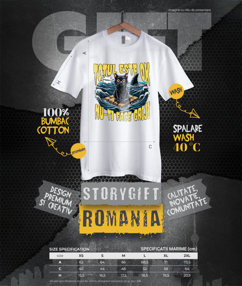 Tricou Femei, Barbati, Copii, Fata, Baiat, Unisex Personalizat Pisica Anxietate Pe Mare Cu Rechini „Totul Este Ok, Nu-ți Face Griji” – Cadou Amuzant Pentru Iubitorii De Pisici [4]