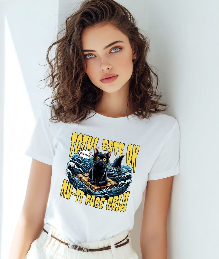 Tricou Femei, Barbati, Copii, Fata, Baiat, Unisex Personalizat Pisica Anxietate Pe Mare Cu Rechini „Totul Este Ok, Nu-ți Face Griji” – Cadou Amuzant Pentru Iubitorii De Pisici [2]