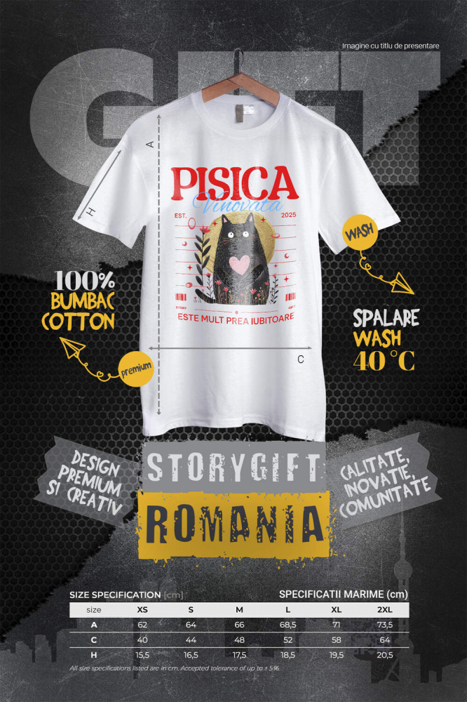 Tricou Femei, Barbati, Copii, Fata, Baiat, Unisex Personalizat "Pisica Neagră cu Inima Roz - Cadou Amuzant pentru Iubitori de Pisici" [4]