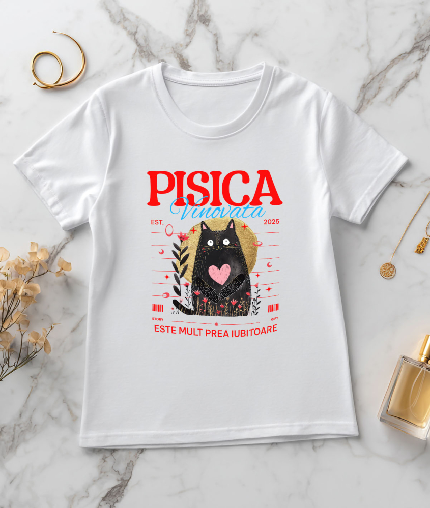 Tricou Femei, Barbati, Copii, Fata, Baiat, Unisex Personalizat "Pisica Neagră cu Inima Roz - Cadou Amuzant pentru Iubitori de Pisici" [3]