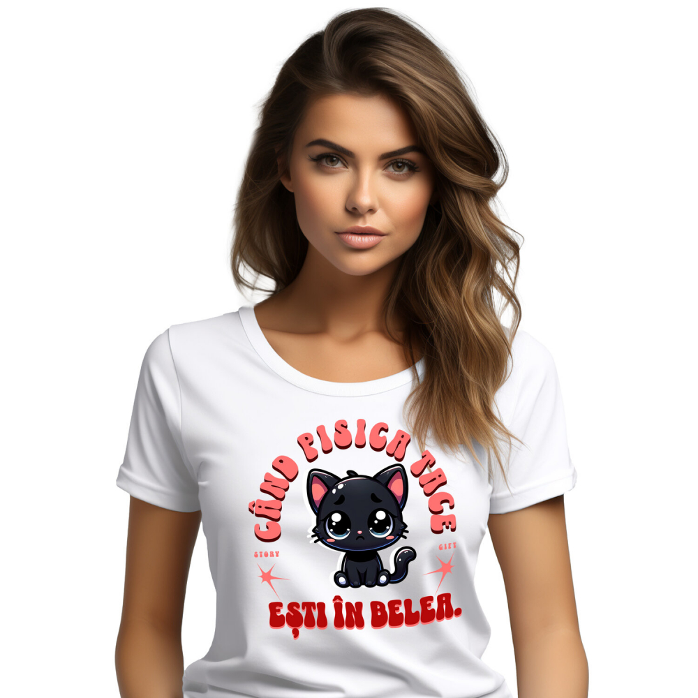 Tricou Femei, Barbati, Copii, Fata, Baiat, Unisex Personalizat Pisica Neagră Tristă „Când Pisica Tace Esti În Belea” – Cadou Amuzant Pentru Iubitorii De Pisici [1]