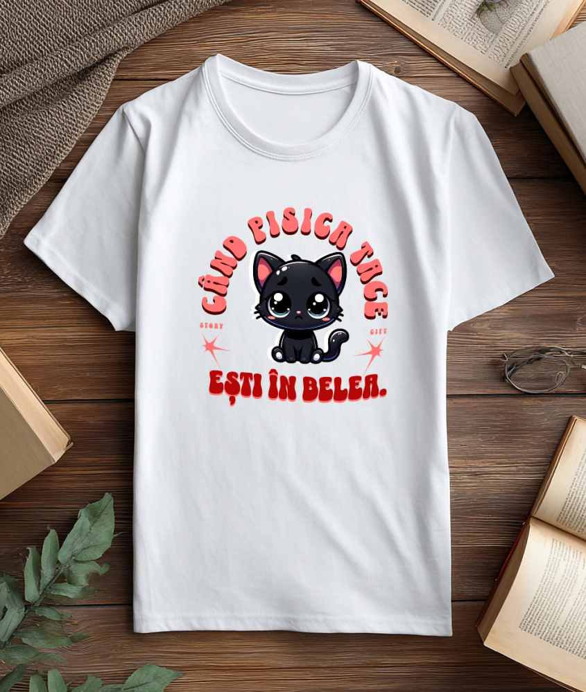 Tricou Femei, Barbati, Copii, Fata, Baiat, Unisex Personalizat Pisica Neagră Tristă „Când Pisica Tace Esti În Belea” – Cadou Amuzant Pentru Iubitorii De Pisici [3]