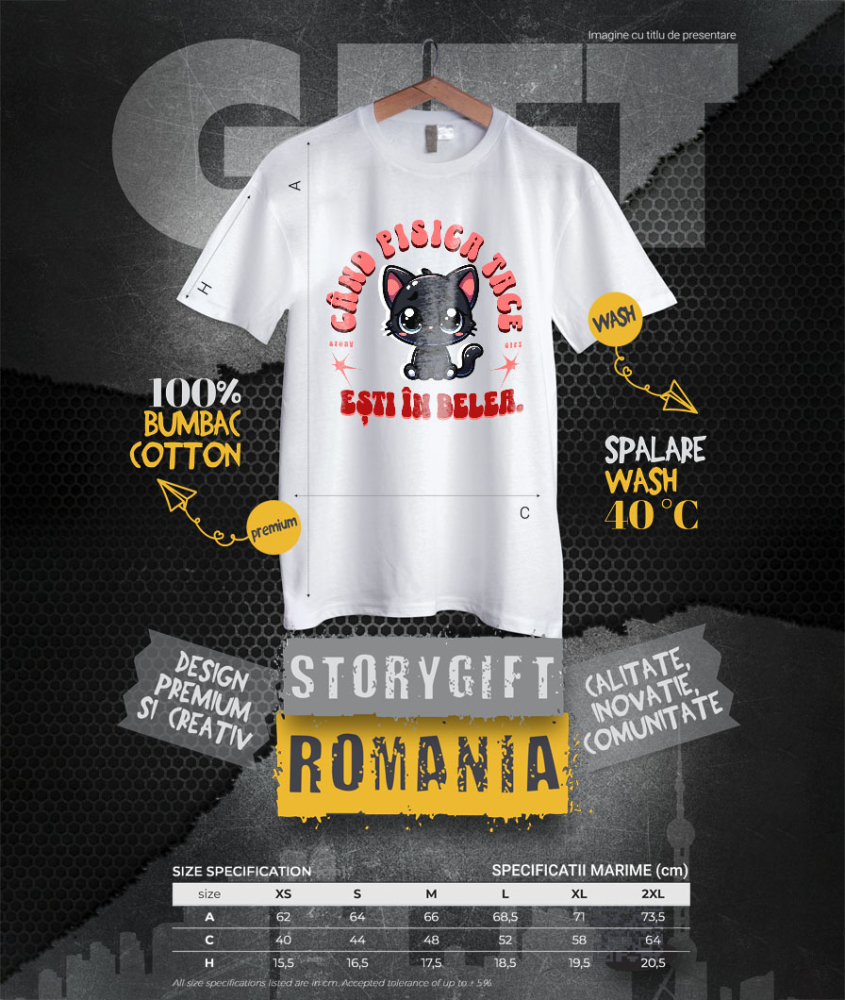 Tricou Femei, Barbati, Copii, Fata, Baiat, Unisex Personalizat Pisica Neagră Tristă „Când Pisica Tace Esti În Belea” – Cadou Amuzant Pentru Iubitorii De Pisici [4]