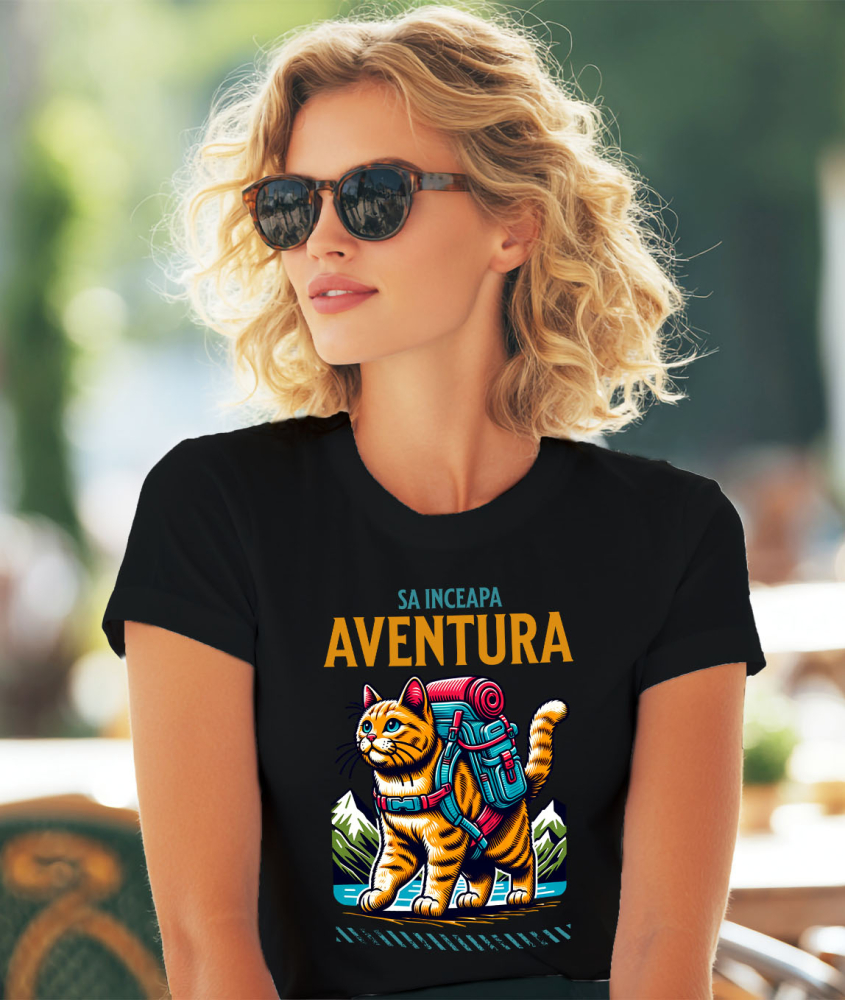 Tricou Femei, Barbati, Copii, Fata, Baiat, Unisex Personalizat "Cadou Pisica Gata de Aventură – Drumeție în Munte și Lac pentru Iubitorii de Natură și Familii" [2]